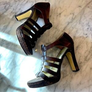 Jessica Simpson Women's Brown Leather Sandals Cork Block Heels Gold Flecks Sz 9‎